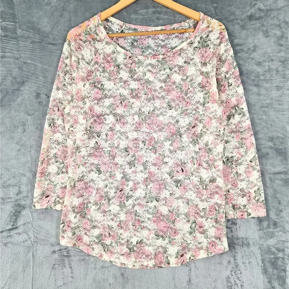 Womens Top Medium Romantic Floral Lace Sheer Feminine Dainty Soft Girl Coquette